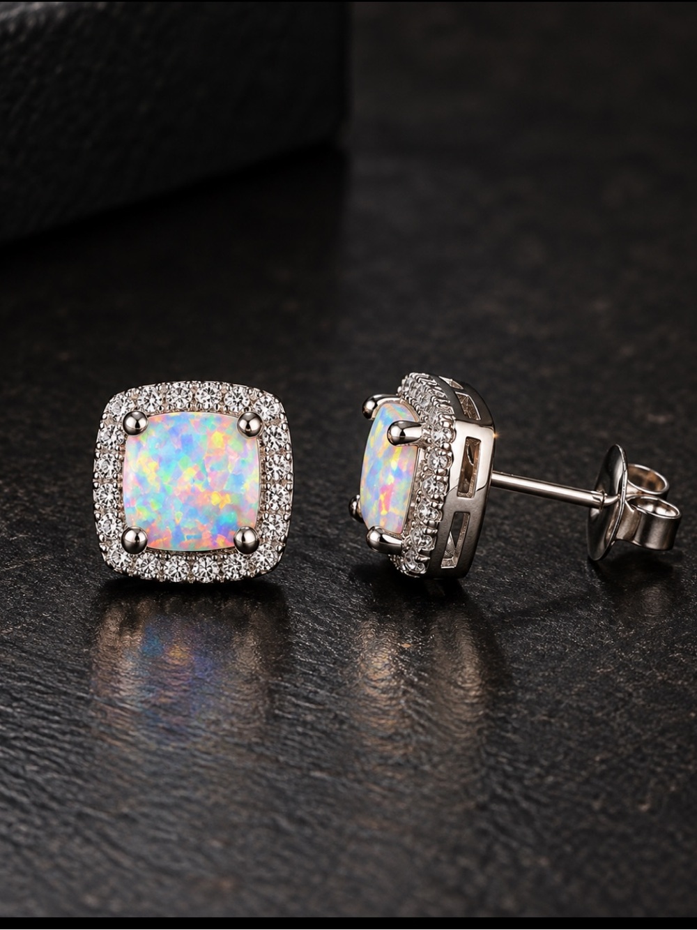18K White Gold Opal Stud Earrings Created Opal Halo Plated 925 Sterling Silver